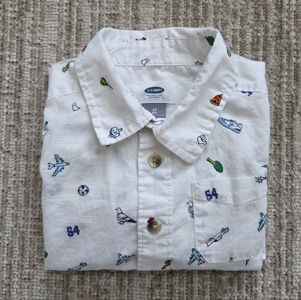 Toddler Boys White Shirt Long Sleeve Shirt with Colorful Airplane Soccer Print